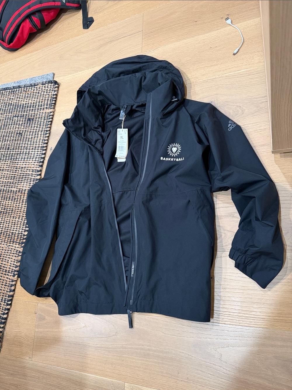 RAIN READY Adidas Black Hooded Raincoat Jacket Full Zipper Tuckable Hood X-LARGE